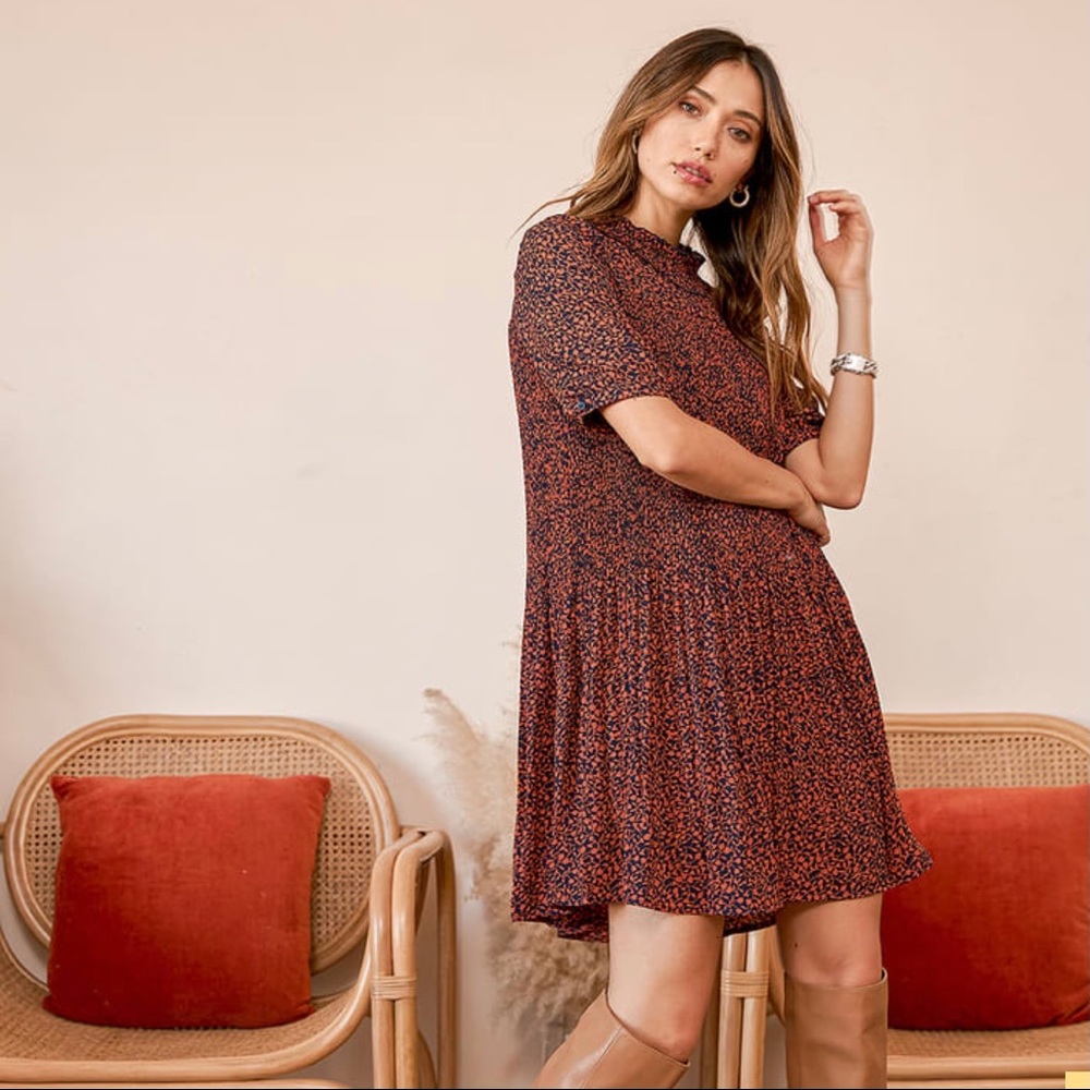 Cassie Navy Blue Floral Print Pleated Mini Dress